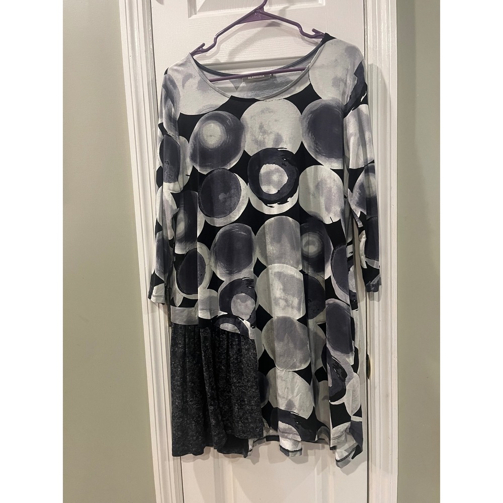 Alembika Lagenlook Circle Print Tunic Dress Size 4 US 12 XL Asymmetrical